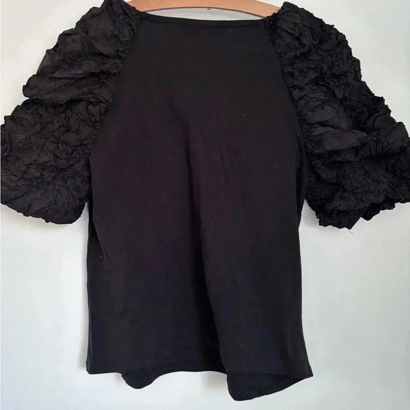 Marc New York, Andrew Marc, V Neck Black Blouse with Ruffled Neck and Sleeves - Picture 4 of 6